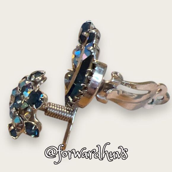 RARE AB Rhinestone Clip Earrings with Spring Attached Rhinestone Flower - Picture 4 of 8